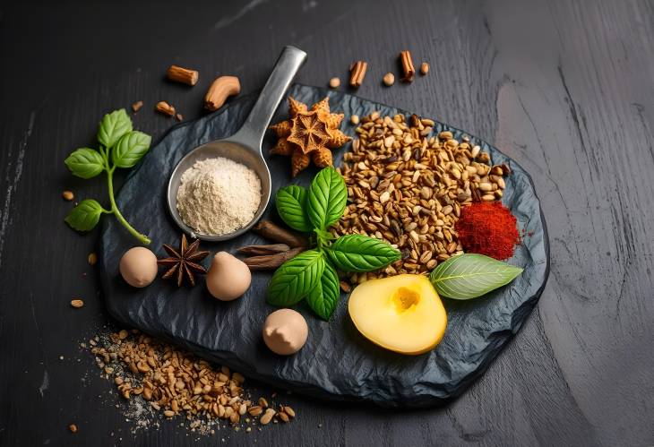 Culinary Harmony Herbs and Spices on Black Stone Plate